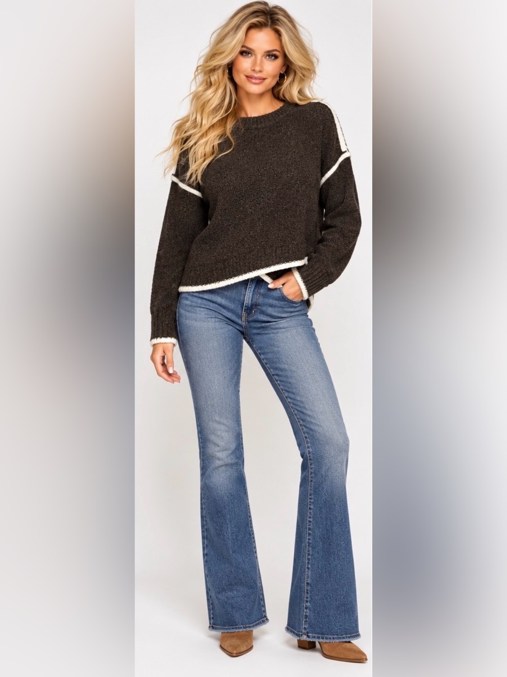 Sage the Label Brown Sweater with Contrasting Ivory Trim, Asymmetrical, S